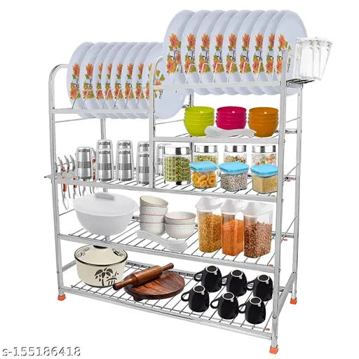 Stainless steel wall-mounted kitchen rack with 5 shelves, dish rack, and cutlery holder. Adjustable design for utensils and small appliances