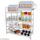 Stainless steel wall-mounted kitchen rack with 5 shelves, dish rack, and cutlery holder. Adjustable design for utensils and small appliances