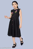 Black rayon midi-length party dress with embroideries for girls aged 9-15 years, featuring sleeveless design and single size available