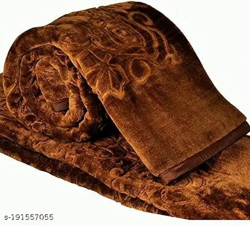Brown Korean mink double bed blanket, soft and embossed, floral print, winter-ready, hand/machine washable