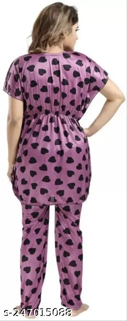 Purple printed satin pajama top set (pack of 2), premium quality, comfortable sleepwear for women, trending nightsuits for work from home