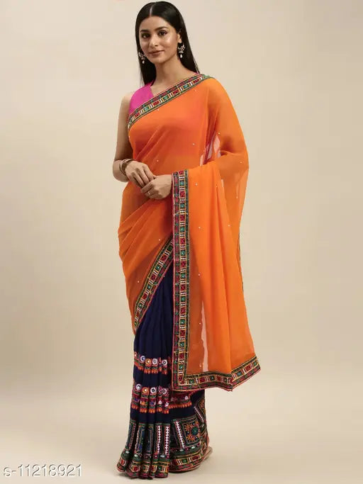 Orange and white traditional georgette saree with intricate embroidery