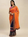 Orange and white traditional georgette saree with intricate embroidery