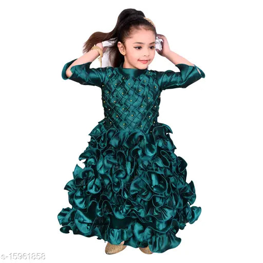 Green silk blend long gown dress for girls, Hariyal Creation kids party festive designer embroidery on display