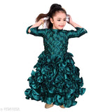 Green silk blend long gown dress for girls, Hariyal Creation kids party festive designer embroidery on display