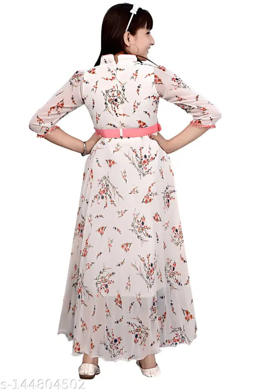 White Georgette printed long gown with 3/4 sleeves for girls, featuring trendy princess style and high-quality fabric