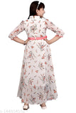White Georgette printed long gown with 3/4 sleeves for girls, featuring trendy princess style and high-quality fabric