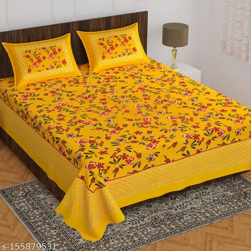 Jaipuri printed cotton double bed sheets combo pack, featuring 2 bedsheets and 4 pillow covers in a botanical pattern. Ideal for summer use by adults. Made in India." (109 characters)
