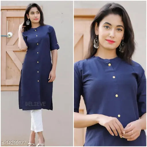 Dark blue cotton casual straight cut kurta with button closure