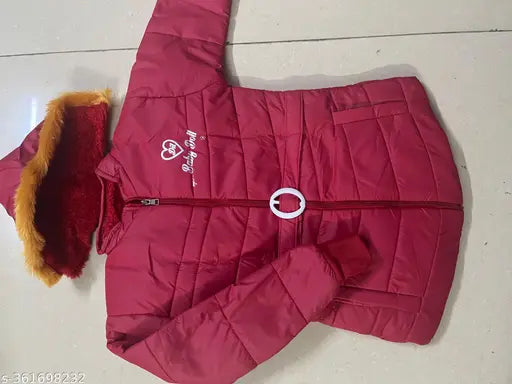 Girl's red padded winter coat with fur trim and zip closure
