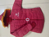 Girl's red padded winter coat with fur trim and zip closure