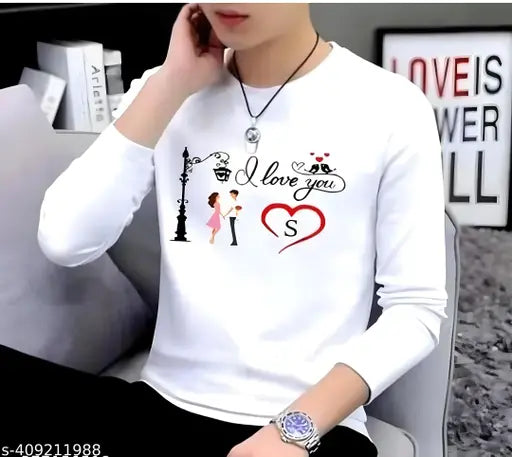 Three-quarter sleeve printed men's polyester t-shirt, vibrant design on display