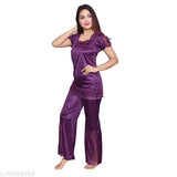 Indian-made satin night suit for women, short sleeves and pyjama bottoms, solid color design