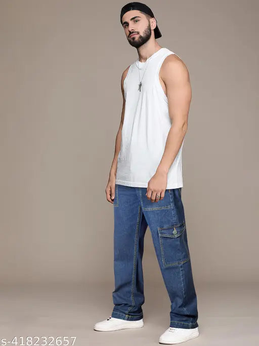 Black cotton blend men's baggy dark blue jeans for everyday style and comfort. Upgrade your look with these relaxed-fit cargo jeans from India (30, 32, 36 waist sizes)