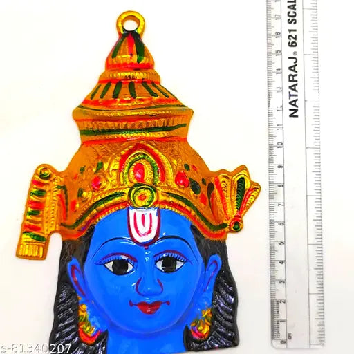 Metal Vishnu face god hanging idol, ornate Indian religious artifact for pooja purpose