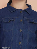 Dark blue solid denim women's jacket, perfect for casual outfits. Spread collar, long sleeves, button closure