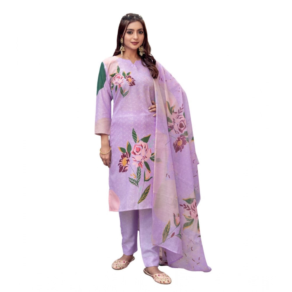 Lavender cotton blend printed kurti with pant dupatta set, knee-length round neck 3/4th sleeve