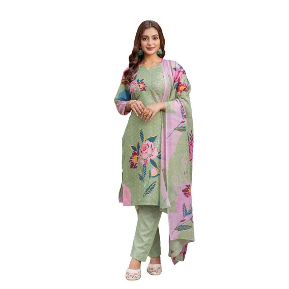 Mehendi cotton blend printed kurti set with pant dupatta, knee-length round neck with 3/4th sleeves