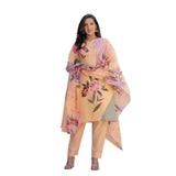 Orange cotton blend printed kurti with pant dupatta set, knee-length, round neck, 3/4th sleeves