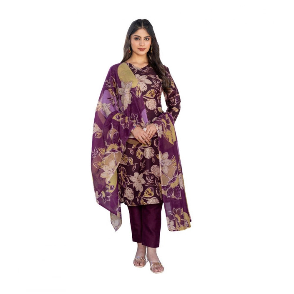 Purple cotton blend printed kurti with pant dupatta set, knee-length V-neck 3/4th sleeve, women's ethnic wear fashion