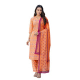 Coral cotton blend printed kurti with pant dupatta set, featuring V-neck and 3/4th sleeves, below knee length
