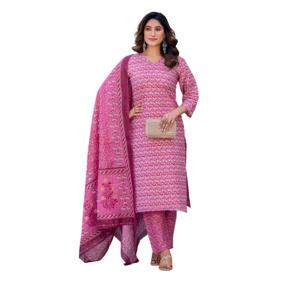 Pink cotton blend printed kurti with pant dupatta set, V-neck, 3/4th sleeves, below knee length