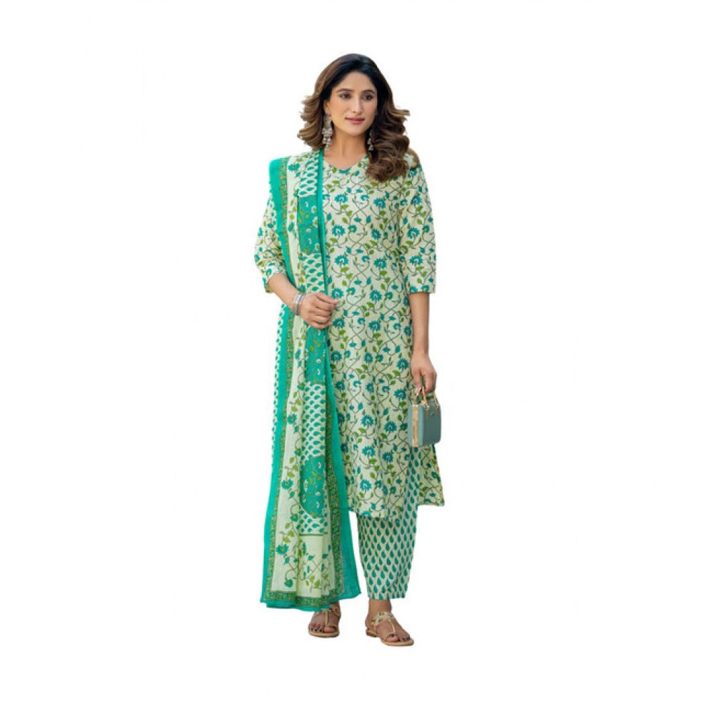 Cotton blend printed pista kurti set with pant dupatta, v-neck, 3/4th sleeves, below knee length for women's fashion
