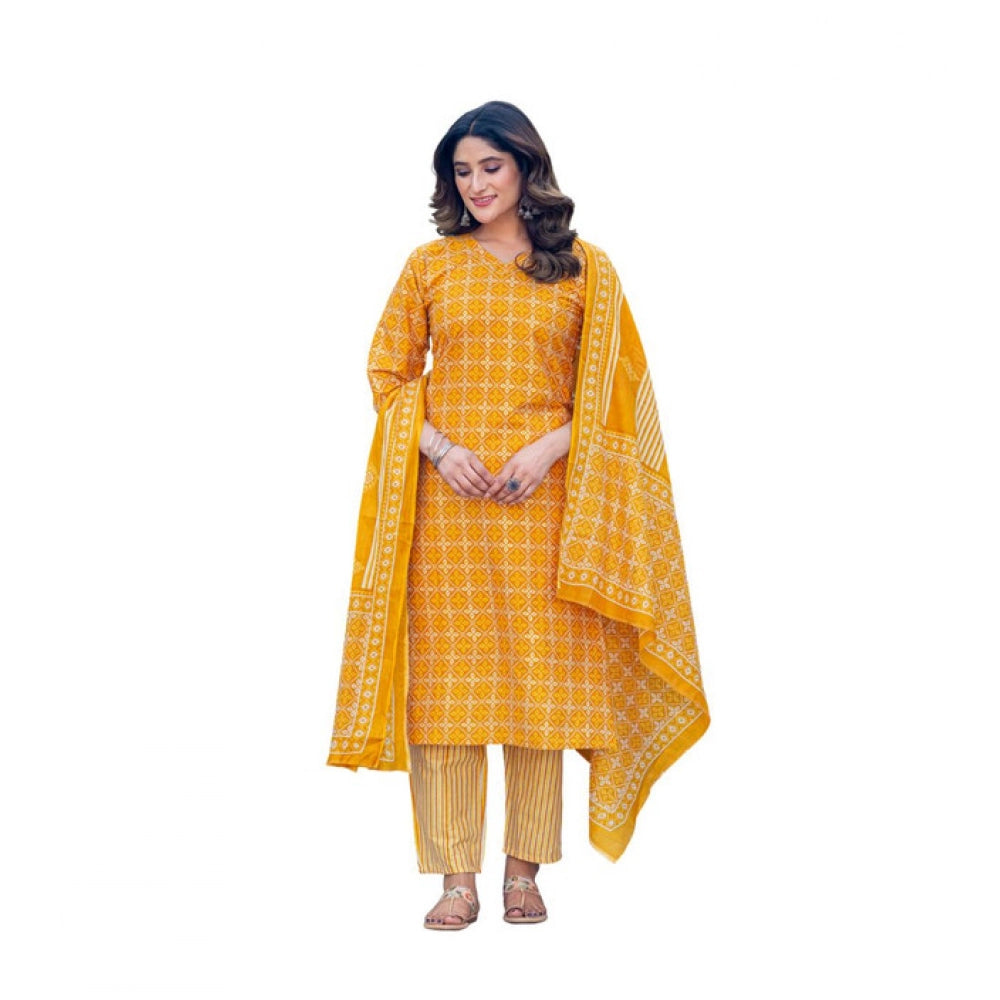Yellow cotton blend printed kurti with pant dupatta set, below knee length with V-neck and 3/4th sleeves