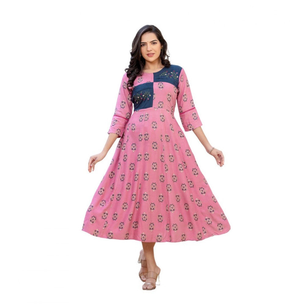 Women's rayon wine print kurti with embroidery work, knee-length A-line style, round neck & 3/4th sleeves