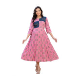 Women's rayon wine print kurti with embroidery work, knee-length A-line style, round neck & 3/4th sleeves