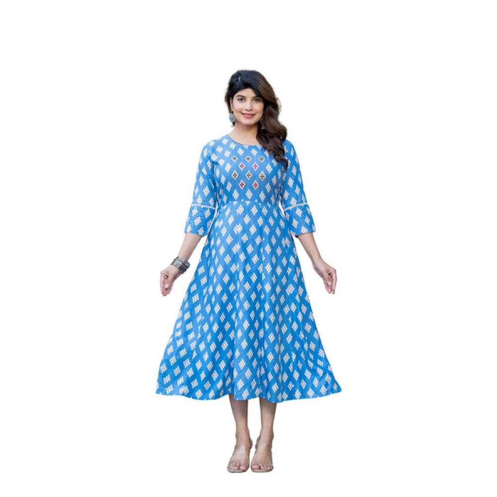 Sky Blue rayon A-line kurti with embroidery work, vibrant print design on women's knee-length 3/4th sleeve top