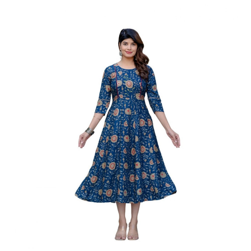 Navy Blue rayon A-line kurti with embroidery work, printed pattern on knee-length round neck, 3/4th sleeve