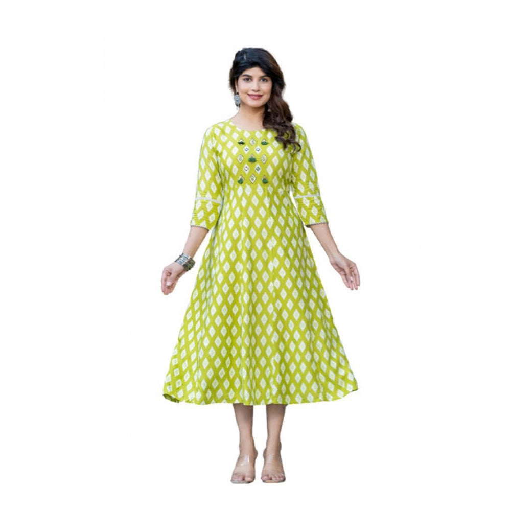 Rayon parrot print A-line kurti with embroidery work, vibrant and detailed women's fashion piece