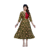 Dark green rayon A-line kurti with embroidery work, vibrant print on display