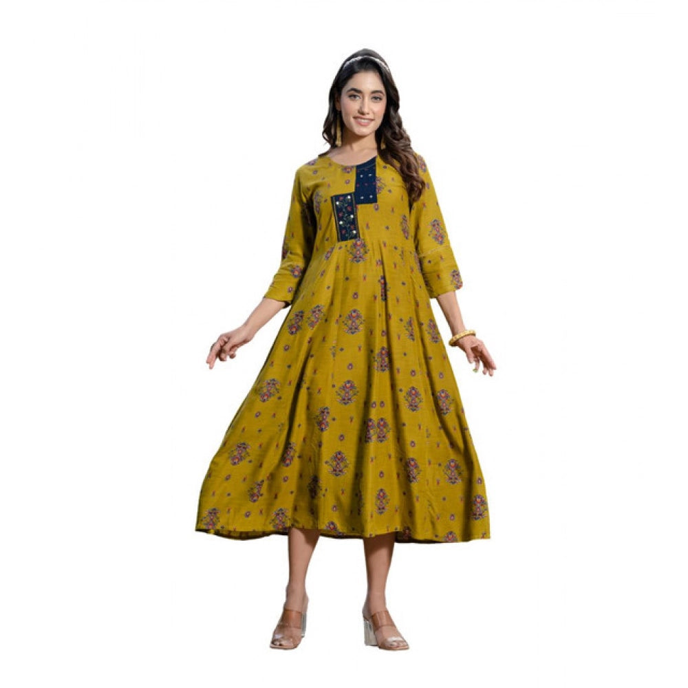 Mehendi rayon print A-line kurti with embroidery work, vibrant knee-length rayon traditional Indian women's clothing