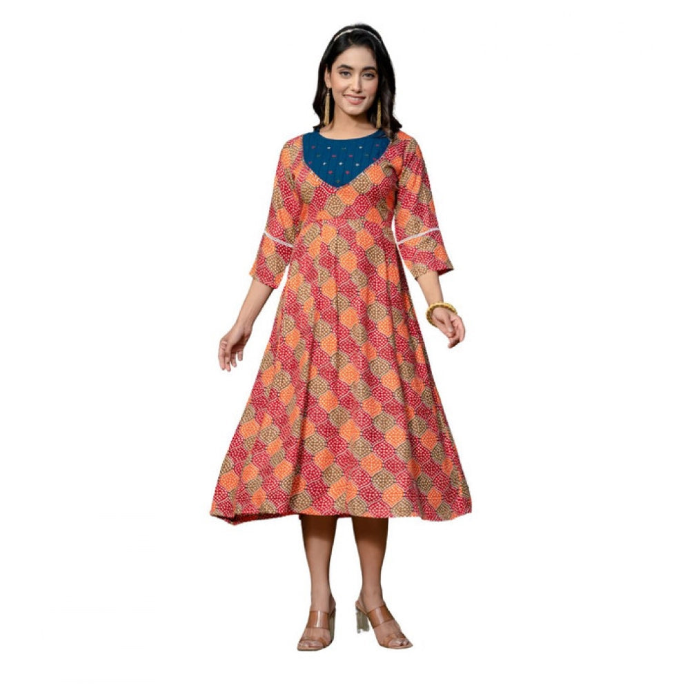 Multicolor rayon print A-line kurti with embroidery work, knee length, 3/4th sleeve
