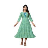 Rayon print with embroidery work knee-length A-line kurti in Rama color, round neck with 3/4th sleeves