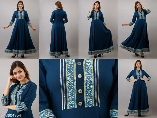 Rayon Anarkali ankle length kurtis in printed combo, three-quarter sleeves, perfect for Indian fashion, size M, L, XL from PAAWNI