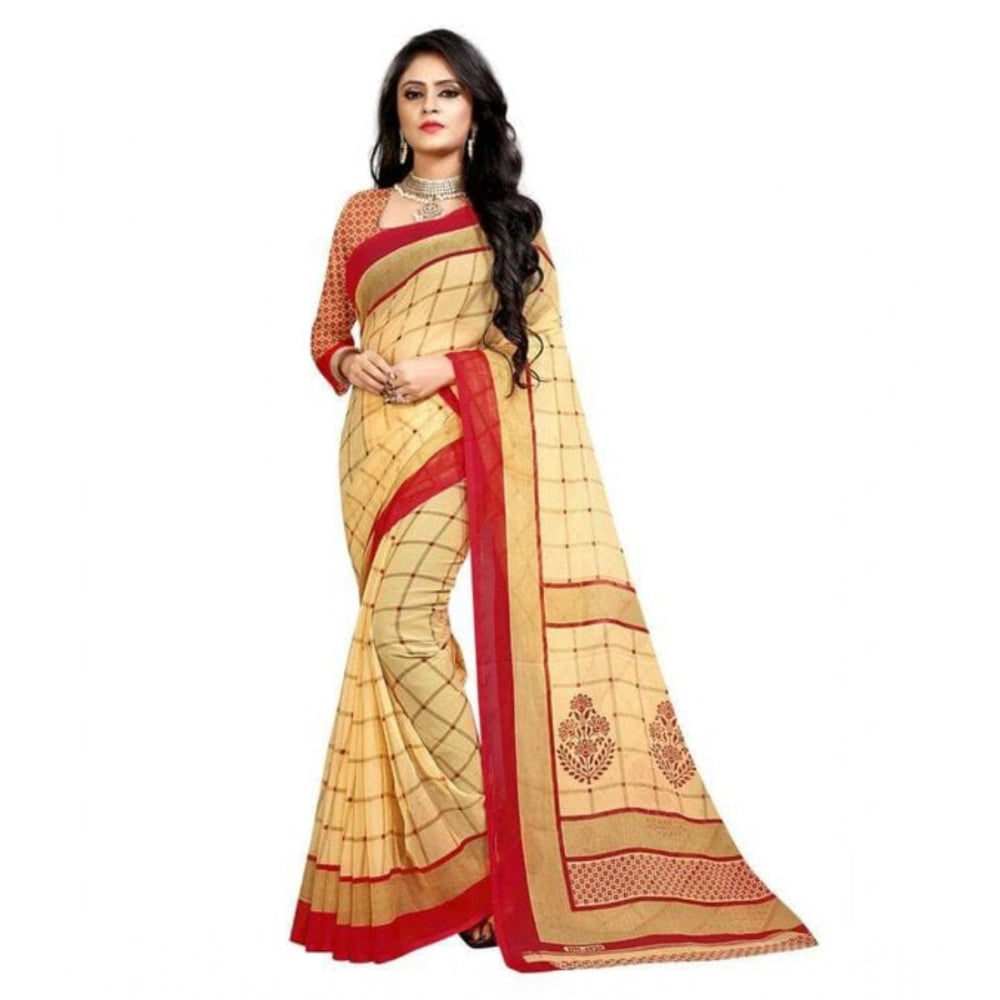 Red georgette printed saree with unstitched blouse (5.5mtr), traditional Indian fashion accessory on mannequin