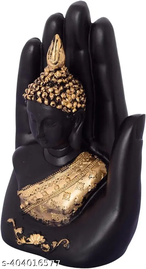 Black resin modern palm Buddha statue for home decor, enhancing living spaces and artful office table accent