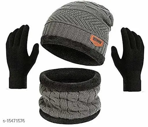 Grey beanie, cap, warmer scarf, and gloves set