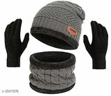 Grey beanie, cap, warmer scarf, and gloves set