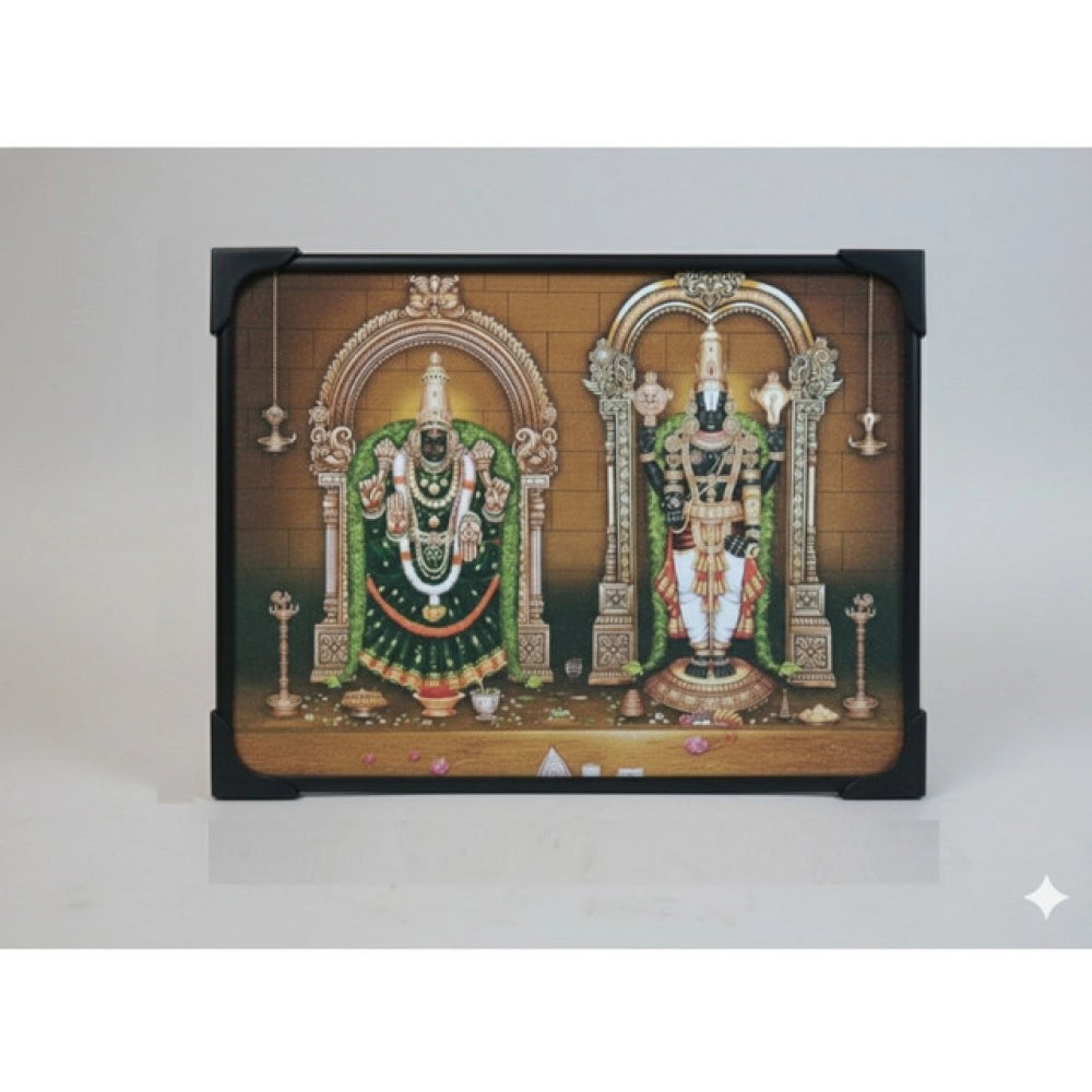 Multicolor wooden table top devotional player for Tirupati Balaji Padmavati Venkateshwara Swamy, plays audio when light falls on photo, 6x8 inch size, battery operated with 2x AA batteries included