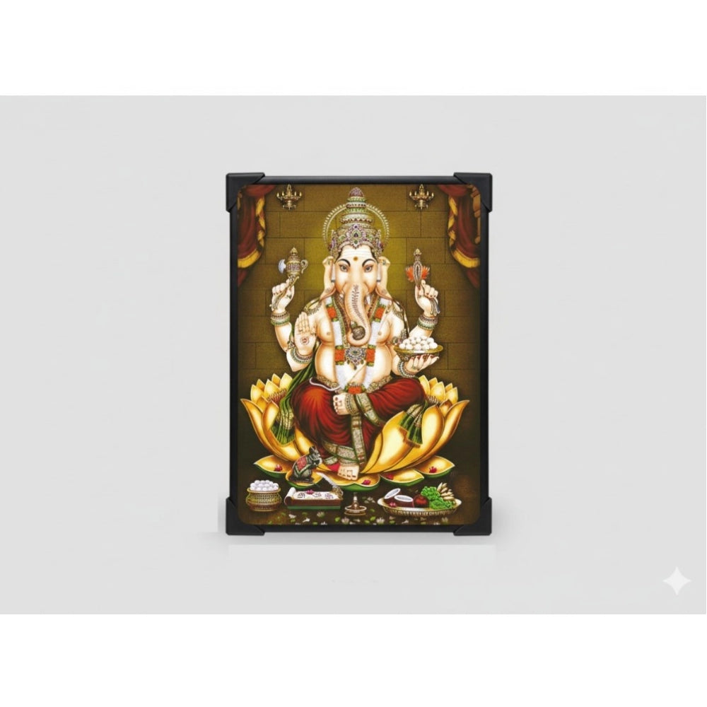 Multicolor wooden Lord Ganesha table top devotional audio player, 8x6 inch size, plays music with light interaction, includes 2x AA batteries
