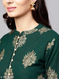 Green rayon kurta set with printed net palazzos, three-quarter sleeves - Indian traditional clothing for women