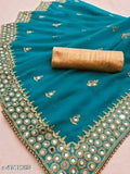 Teal chiffon saree with matching border and pallu, embellished with sequins