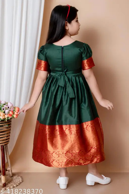 Girls short dress, red and gold lace with pattu trim, for kids