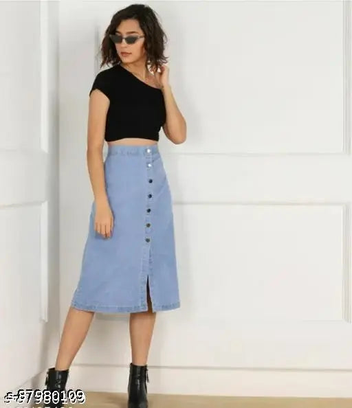 Fashionable blue denim skirt, light wash finish, casual western style