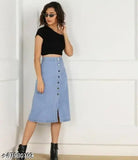 Fashionable blue denim skirt, light wash finish, casual western style