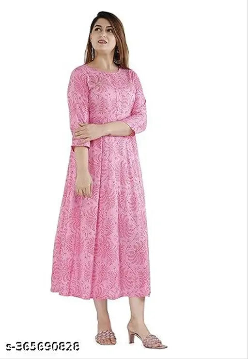 Pink rayon Anarkali Kurta with jaipuri print, three-quarter sleeves. Comfortable fit for festive occasions. Made in India, suitable for all weather